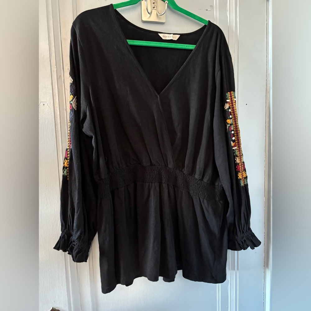 NWOT Ranna Gill 100% Cotton Black Surplice Long Sleeve Top w Embroidery